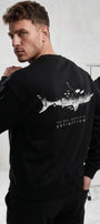 Erkek Oversize Sweatshirt Extinction Baskılı Siyah – Bisiklet Yaka, 3 İplik Şardonlu Polar