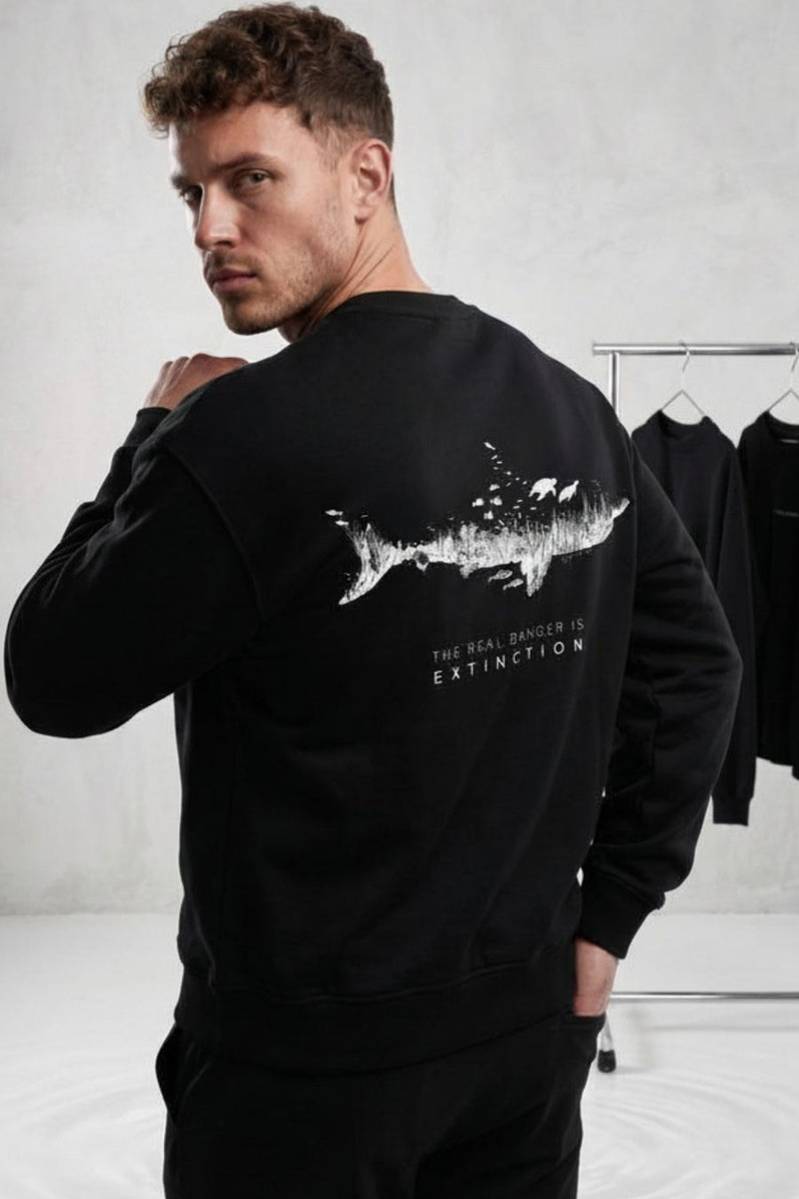 Erkek Oversize Sweatshirt Extinction Baskılı Siyah – Bisiklet Yaka, 3 İplik Şardonlu Polar