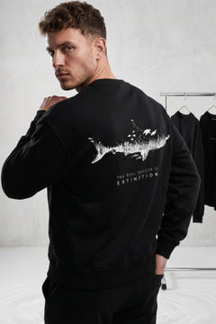 Erkek Oversize Sweatshirt Extinction Baskılı Siyah – Bisiklet Yaka, 3 İplik Şardonlu Polar