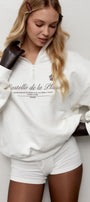 Kadın Beyaz Yarım Fermuarlı Oversize Sweatshirt – Castelló de la Plana Baskılı, Modern Şehir Stili