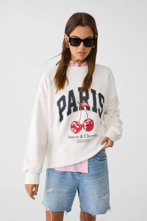 Bisiklet Yaka İçi Polar Paris Yazılı Kiraz Baskılı Beyaz Oversize Sweatshirt