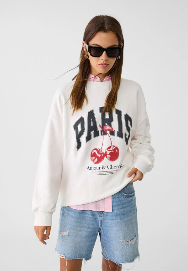 Bisiklet Yaka İçi Polar Paris Yazılı Kiraz Baskılı Beyaz Oversize Sweatshirt