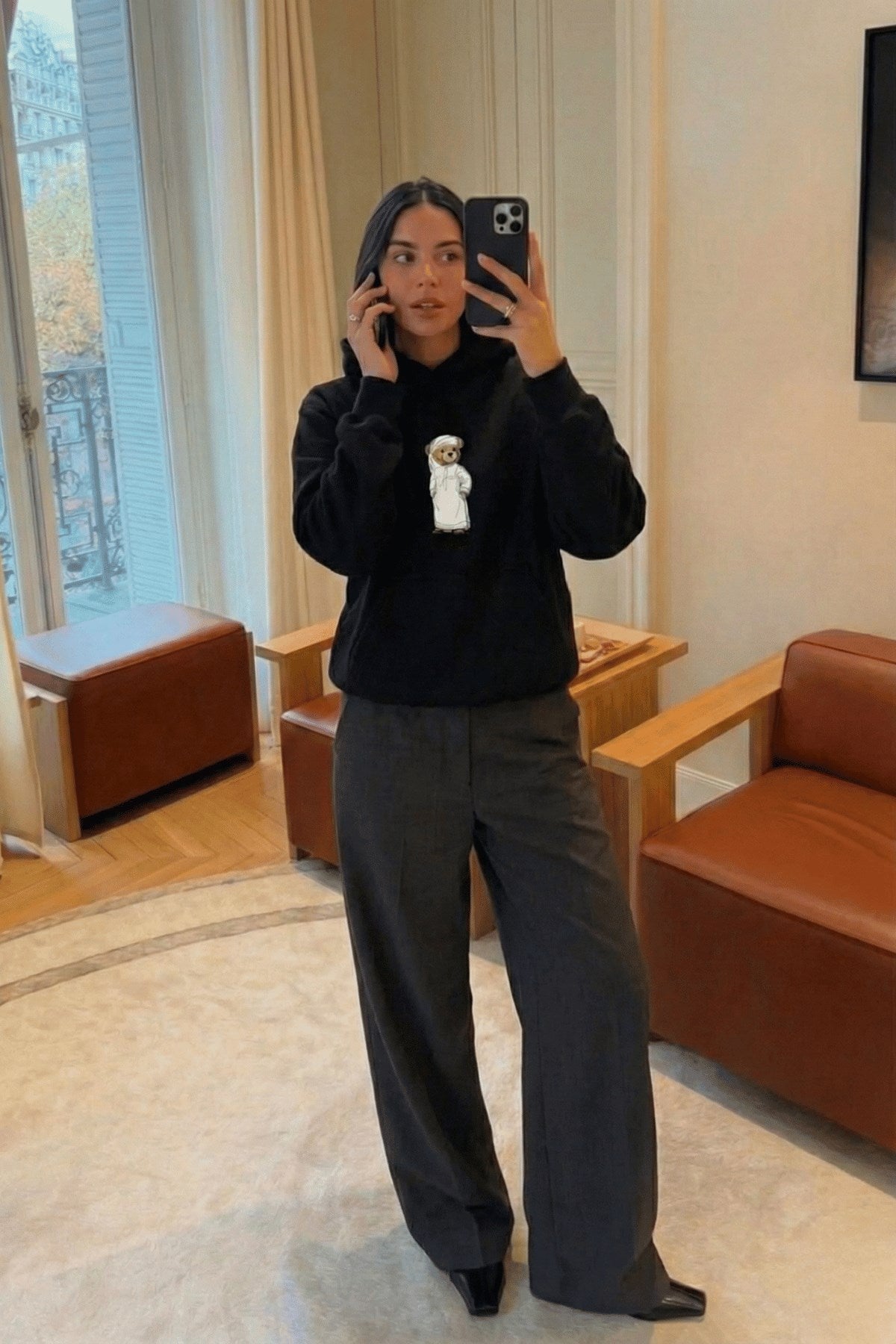 Kadın Oversize Sweatshirt Hoodie Emirati Bear Siyah – Kapüşonlu, 3 İplik Polar, Kanguru Cepli