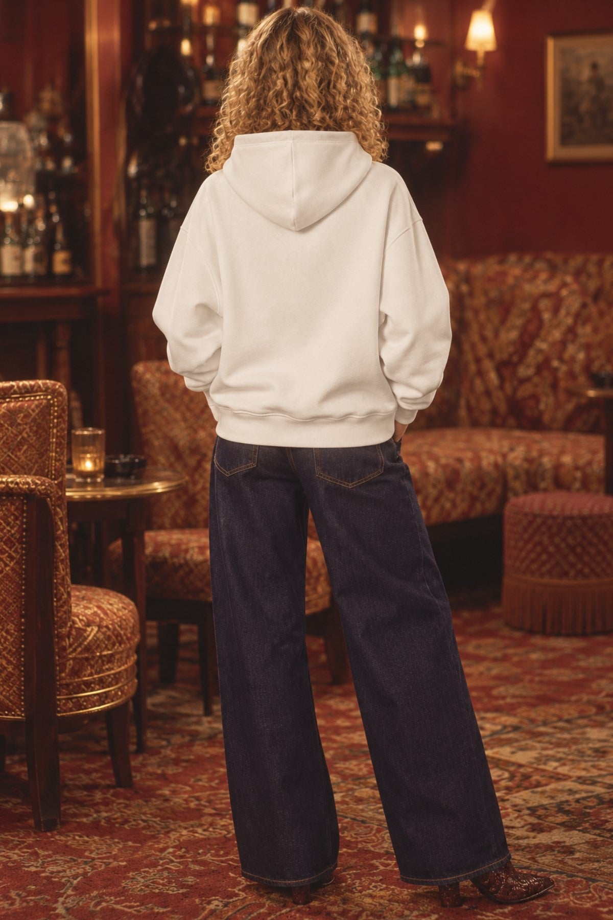Kadın Oversize Hoodie Seventies Party Baskılı Beyaz - Kapüşonlu, Kanguru Cepli, 3 İplik Polar