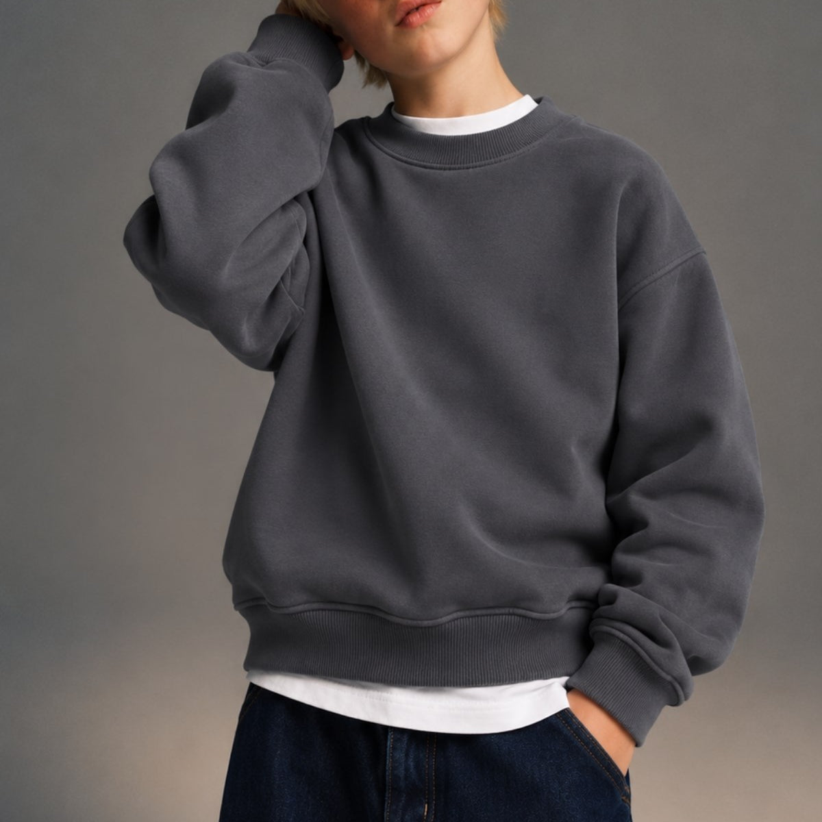 Erkek Çocuk Oversize Sweatshirt Basic Füme – Bisiklet yaka, 3 iplik şardonlu polar