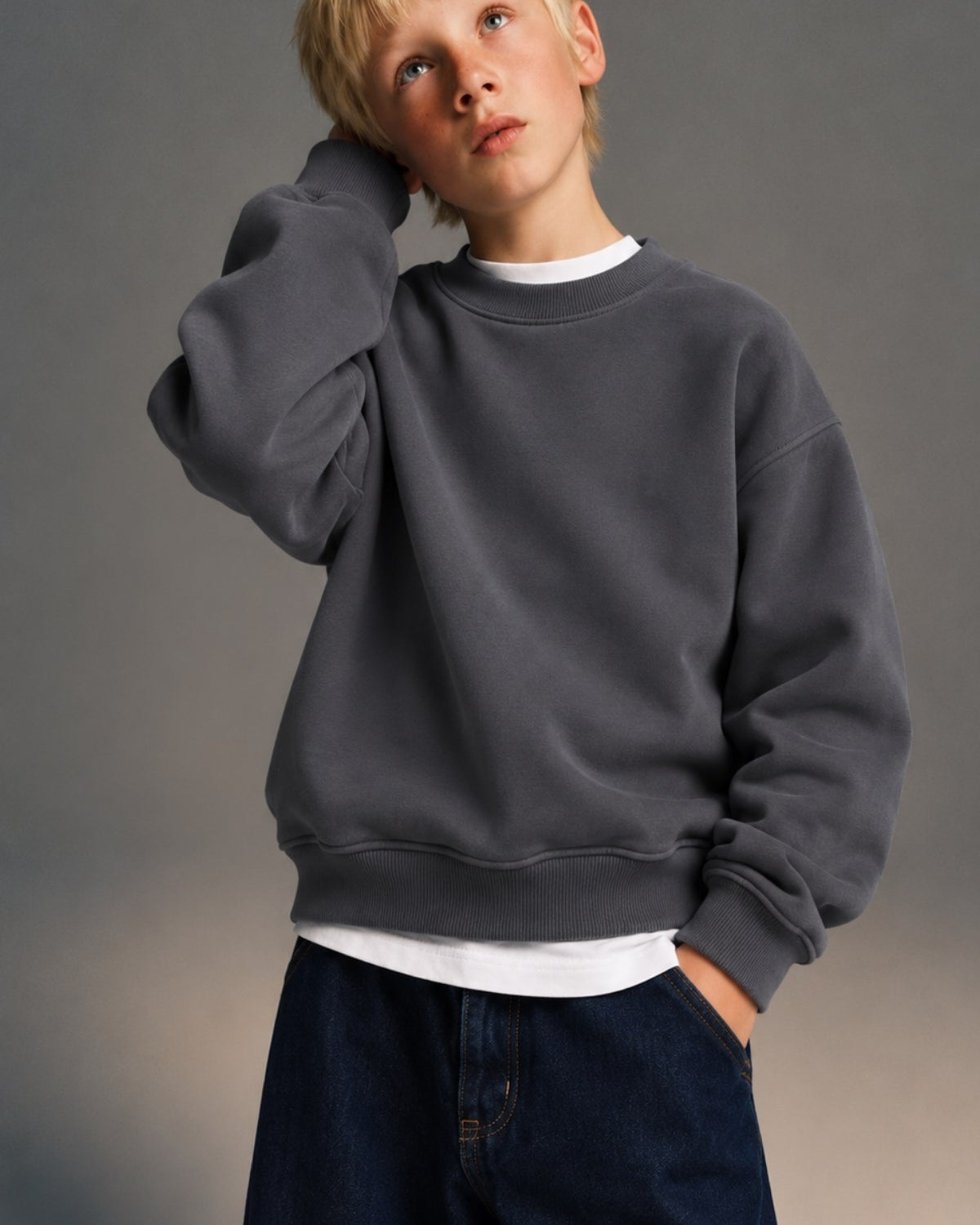 Erkek Çocuk Oversize Sweatshirt Basic Füme – Bisiklet yaka, 3 iplik şardonlu polar