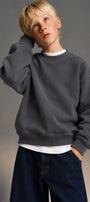 Erkek Çocuk Oversize Sweatshirt Basic Füme – Bisiklet yaka, 3 iplik şardonlu polar