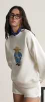 Kadın Oversize Sweatshirt Ranch Bear Baskılı Beyaz – Bisiklet Yaka, 3 İplik Şardonlu Polar