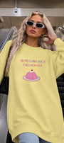 Kadın Oversize Sweatshirt Elbise Sweet Mood Baskılı Sarı – Bisiklet Yaka, 3 İplik Şardonlu Polar