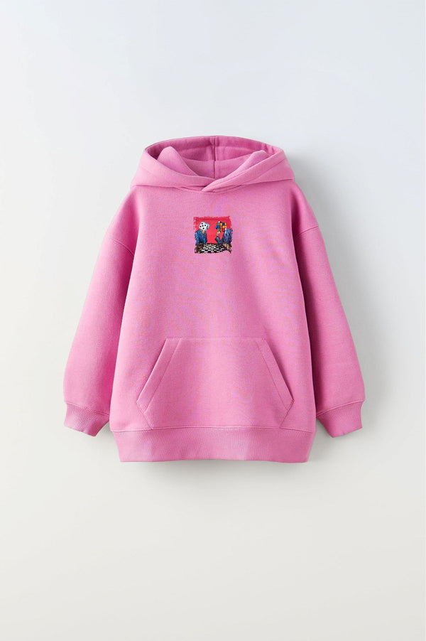 Kapüşonlu İçi Polar Satranç Baskı Pembe Unisex Çocuk Hoodie Sweatshirt