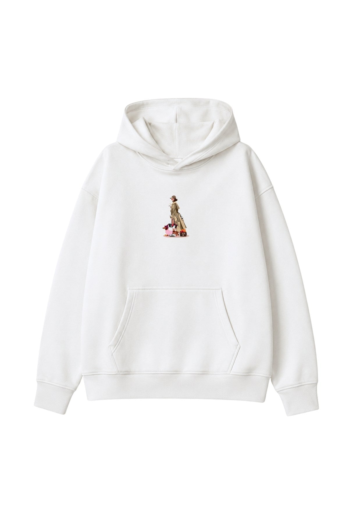 Kadın Oversize Hoodie City Walk Baskılı Beyaz – Kapüşonlu, Kanguru Cepli, 3 İplik Polar
