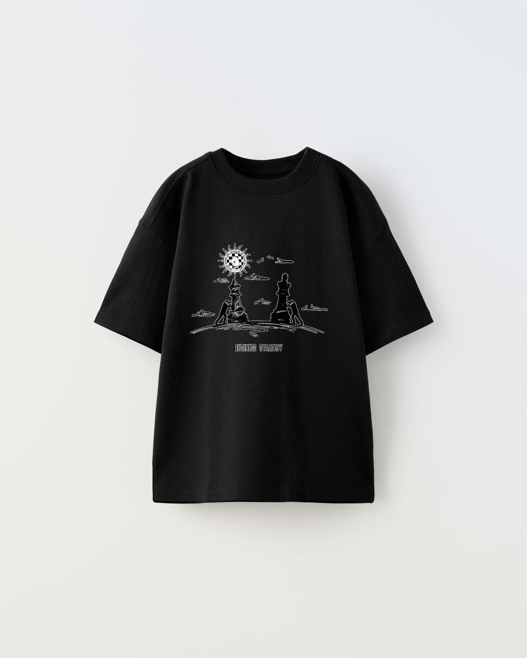 Busıness Stratecy Yazılı Yürüyen Satranç Tasarım Baskılı Siyah Çocuk T-Shirt