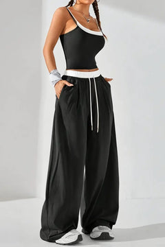 Kadın Siyah Askılı Fit Bluz ve Bol Paça Pantolon Takım – Pamuklu Esnek Kumaş