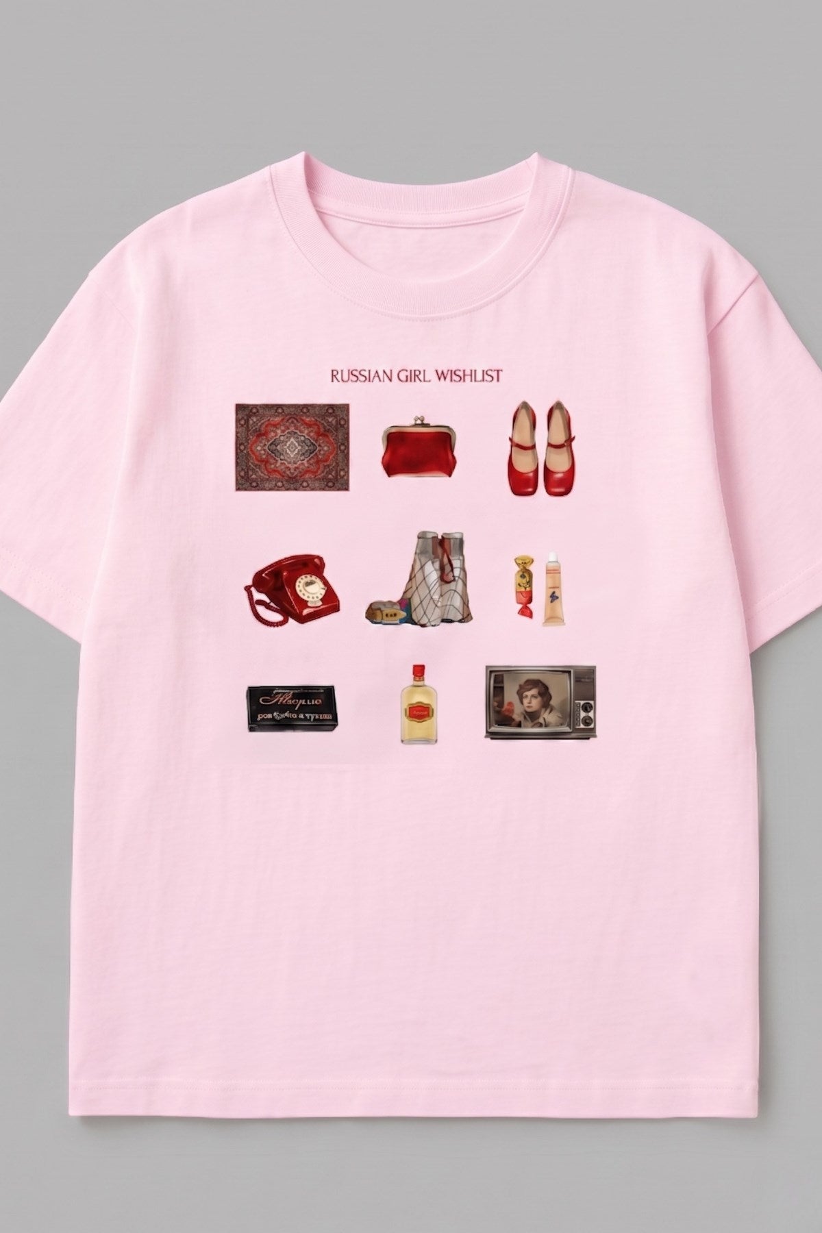 Kadın Oversize Tişört Russian Girl Wishlist Baskılı Pembe – Bisiklet Yaka, Rahat Kalıp, %100 Pamuk