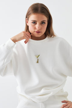 Kadın Oversize Sweatshirt Martini Leopard Baskılı Beyaz – Bisiklet Yaka, 3 İplik Şardonlu Polar