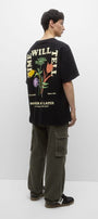 Sooner Or Later Yazılı Lale Tasarım Baskılı Oversize Siyah Erkek T-shirt