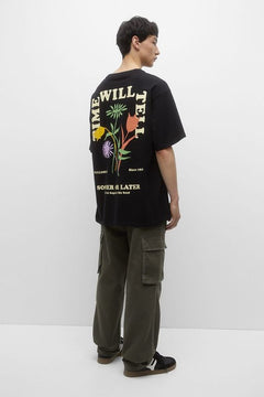 Sooner Or Later Yazılı Lale Tasarım Baskılı Oversize Siyah Erkek T-shirt
