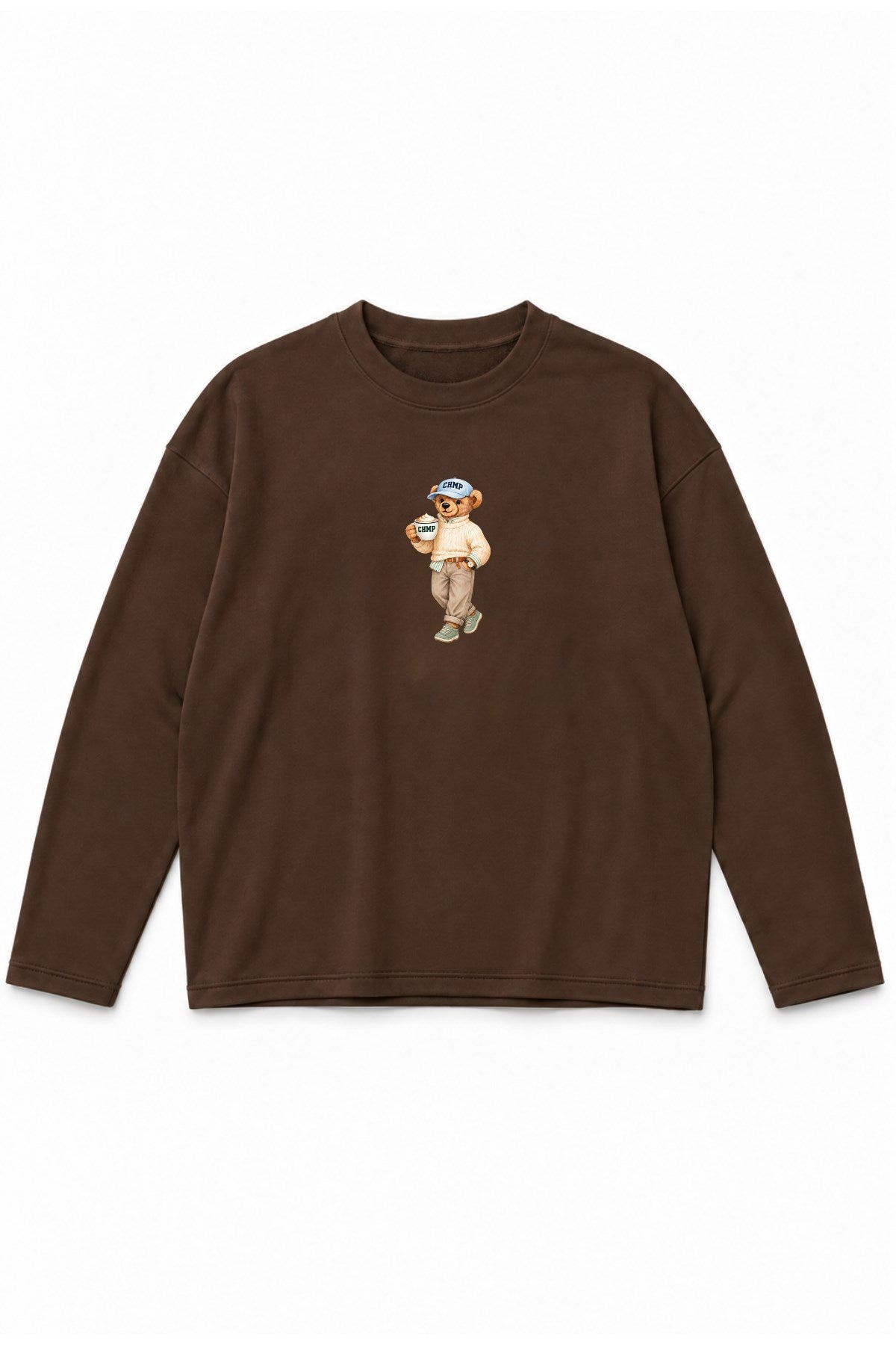 Kadın Relaxed Fit Sweatshirt Coffee Bear Baskılı Kahverengi – Bisiklet Yaka, 3 İplik Şardonsuz
