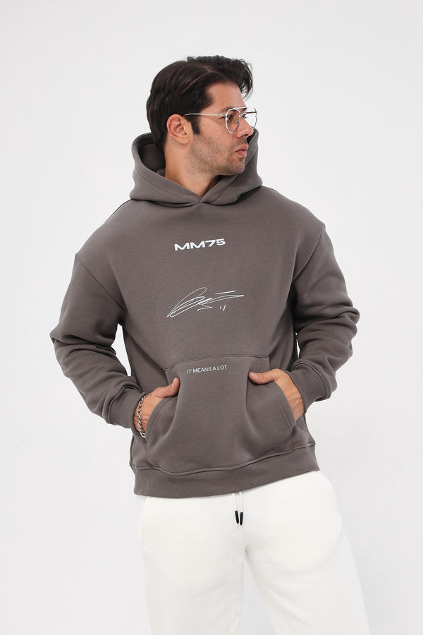 Kapüşonlu İçi Polar MM75 Baskılı Füme Oversize Hoodie Sweatshirt