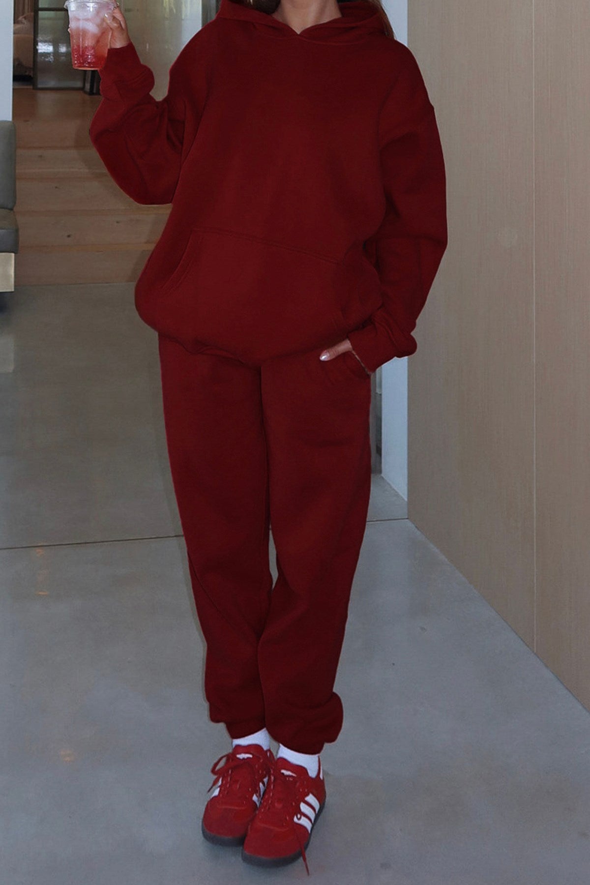  Oversize Unisex Eşofman Takımı Bordo – Basic, 3 İplik Şardonlu Polar; Kapüşonlu Üst, Lastikli Alt