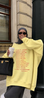 Kadın Oversize Sweatshirt Elbise More Love Baskılı Sarı – Bisiklet Yaka, 3 İplik Şardonlu Polar