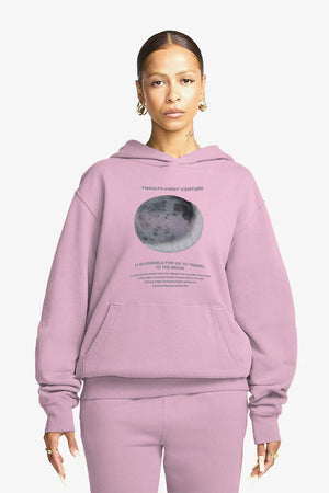 Kapüşonlu İçi Polar Moon Baskılı Pembe Unisex Hoodie Sweatshirt