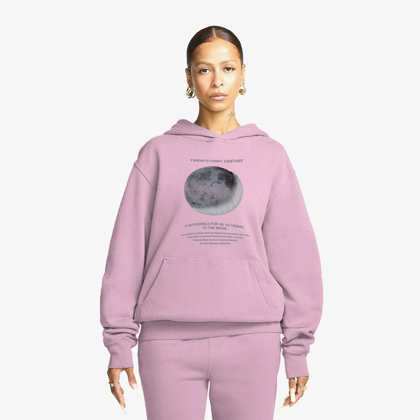 Kapüşonlu İçi Polar Moon Baskılı Pembe Unisex Hoodie Sweatshirt