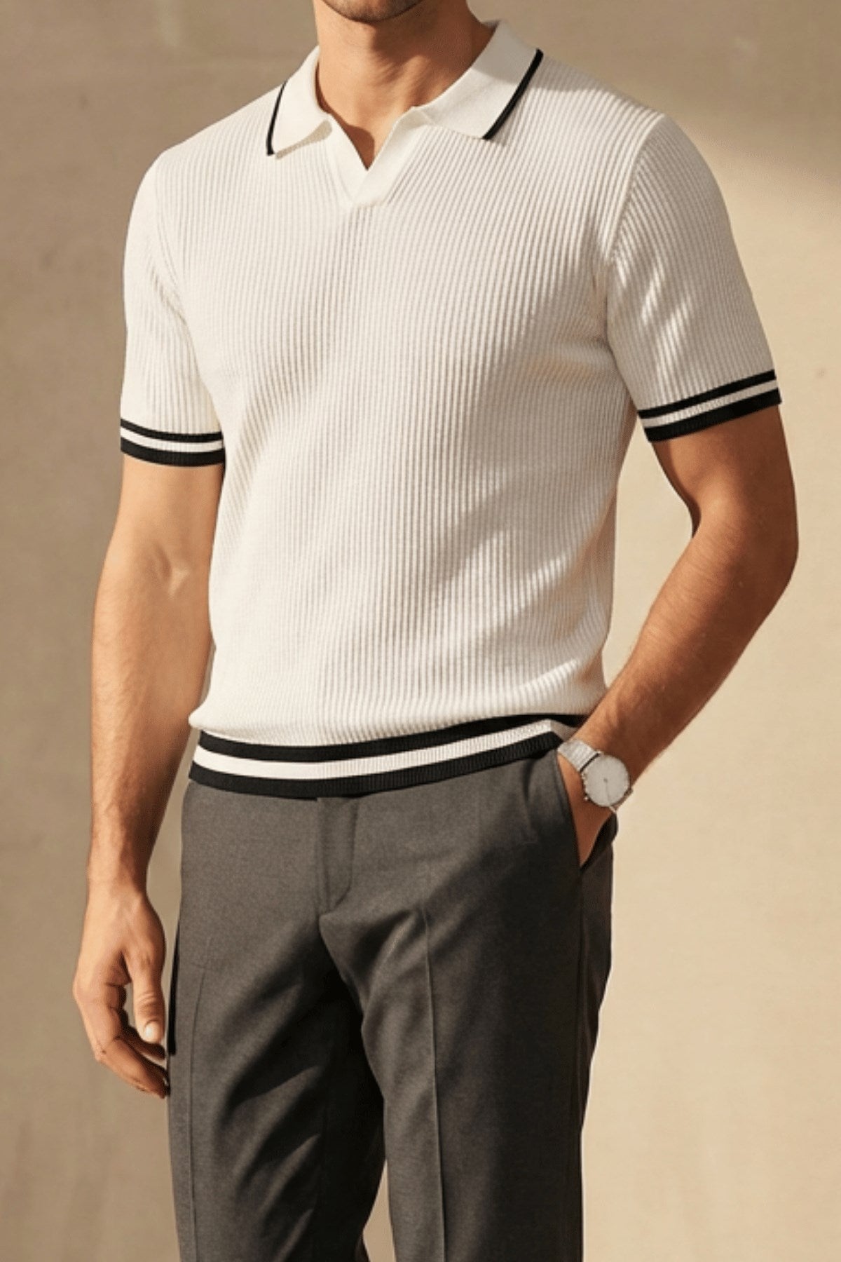 Erkek Fitilli Triko Polo Yaka Tişört Beyaz - Polo Çizgili Yaka, Fit, Yazlık, Örme