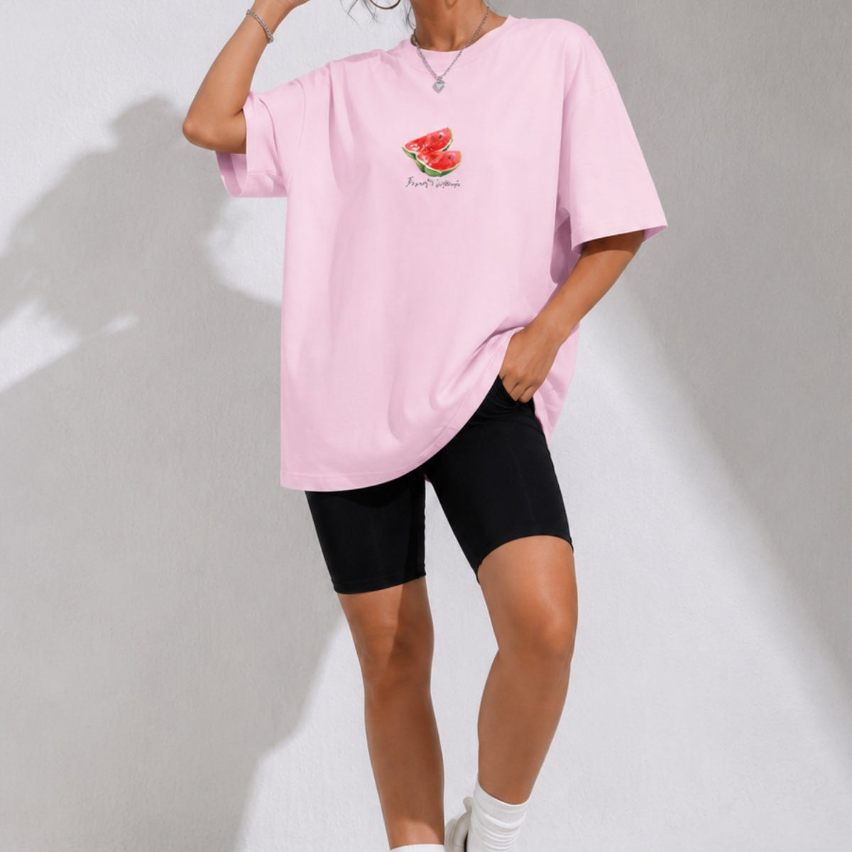Kadın Oversize Tişört Watermelon Mood Baskılı Pembe – Bisiklet Yaka, Rahat Kalıp, %100 Pamuk