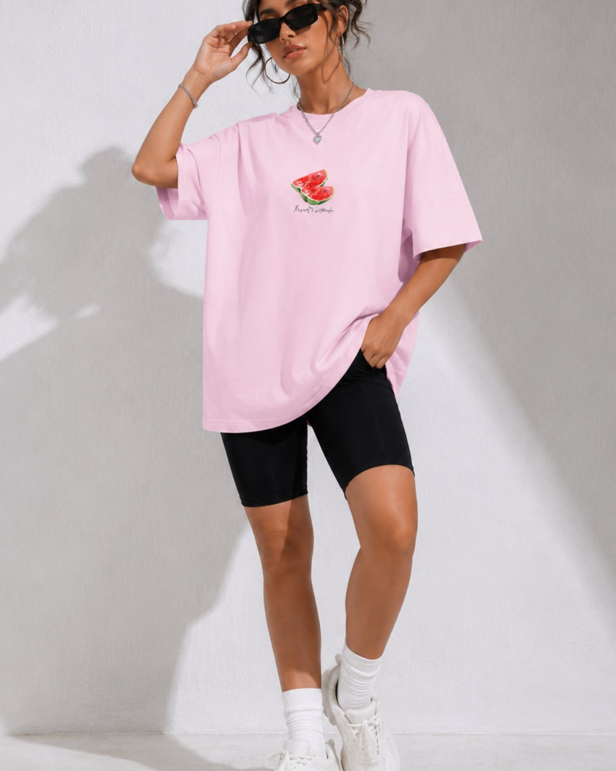 Kadın Oversize Tişört Watermelon Mood Baskılı Pembe – Bisiklet Yaka, Rahat Kalıp, %100 Pamuk