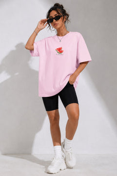 Kadın Oversize Tişört Watermelon Mood Baskılı Pembe – Bisiklet Yaka, Rahat Kalıp, %100 Pamuk