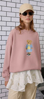 Kadın Oversize Sweatshirt Preppy Girl Bear Baskılı Pembe – Bisiklet Yaka, 3 İplik Şardonlu Polar