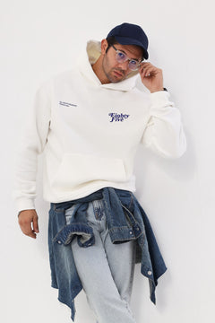 Erkek Kapüşonlu İçi Polar Eighty Five Yazı Baskılı Beyaz Oversize Hoodie Sweatshirt