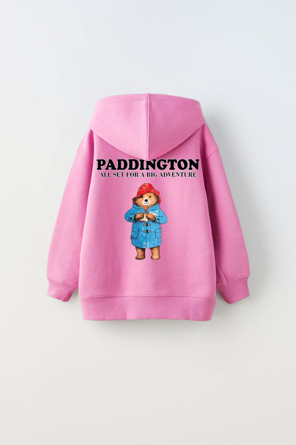 Kapüşonlu İçi Polar Paddington Yazılı Ayı Figür Baskılı Pembe Unisex Çocuk Hoodie Sweatshirt