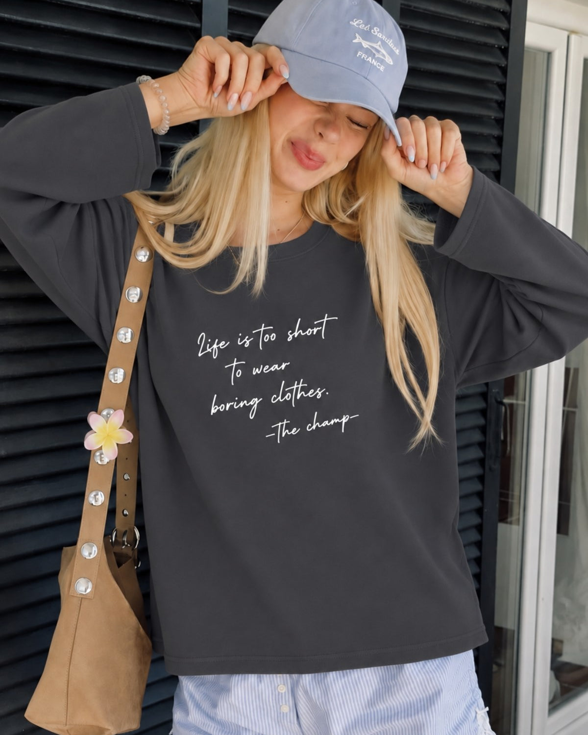 Kadın Relaxed Fit Sweatshirt Life Is Too Short Baskılı Füme – Bisiklet Yaka, 3 İplik Şardonsuz