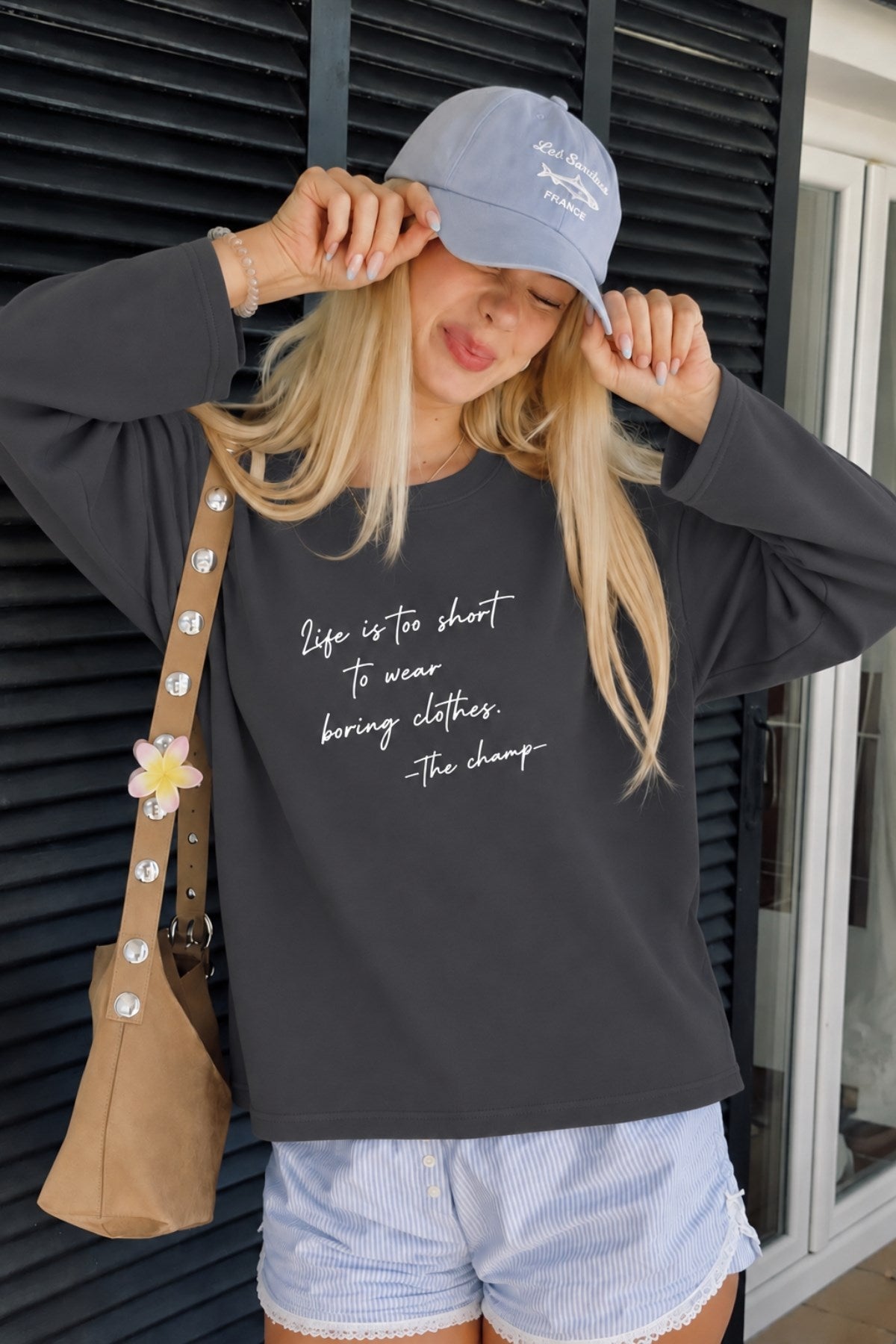 Kadın Relaxed Fit Sweatshirt Life Is Too Short Baskılı Füme – Bisiklet Yaka, 3 İplik Şardonsuz