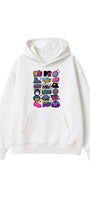 Kadın Oversize Hoodie Sweatshirt 90s Pop Patch Baskılı Beyaz – Kapüşonlu, Kanguru Cepli, 3 İplik