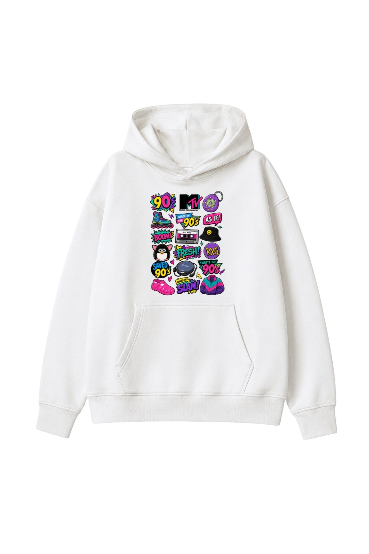Kadın Oversize Hoodie Sweatshirt 90s Pop Patch Baskılı Beyaz – Kapüşonlu, Kanguru Cepli, 3 İplik