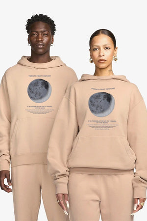 Kapüşonlu İçi Polar Moon Baskılı Bej Unisex Hoodie Sweatshirt