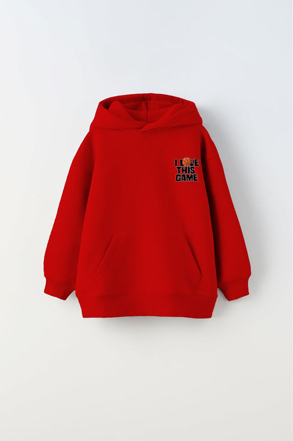 Kapüşonlu İçi Polar I Love This Game Yazılı Basketbol Baskılı Kırmızı Unisex Çocuk Hoodie Sweatshirt