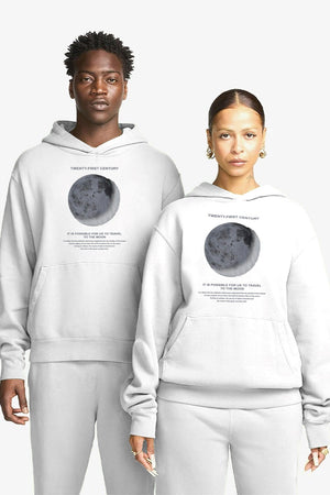 Kapüşonlu İçi Polar Moon Baskılı Beyaz Unisex Hoodie Sweatshirt