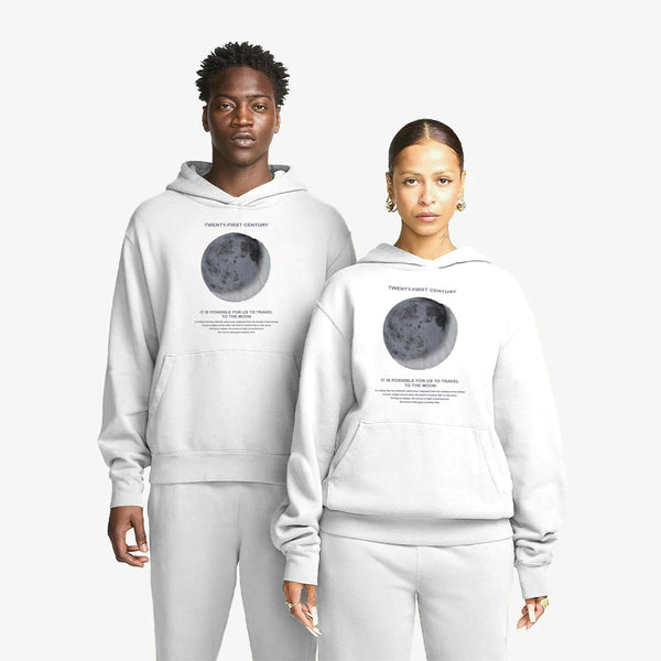 Kapüşonlu İçi Polar Moon Baskılı Beyaz Unisex Hoodie Sweatshirt