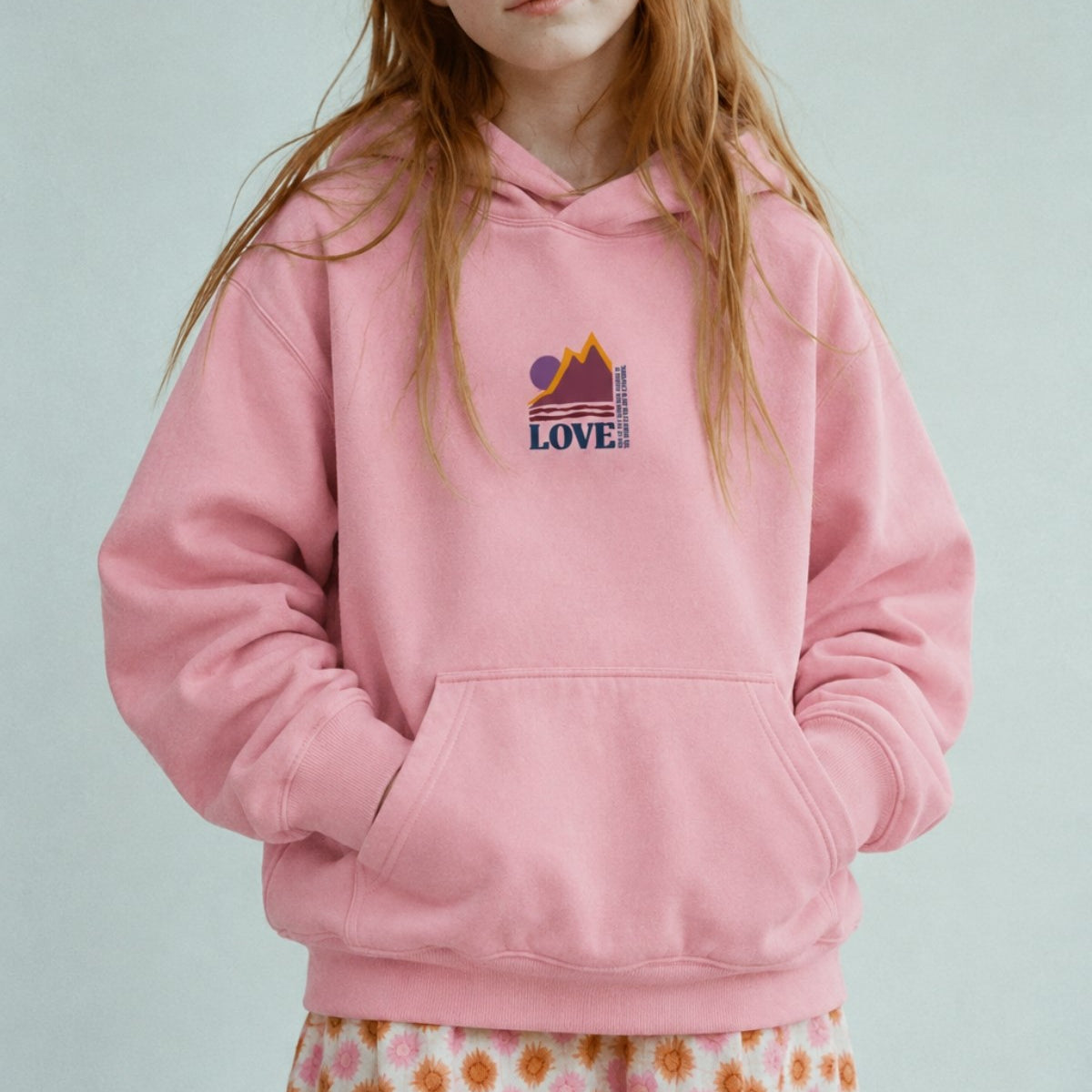 Kız Çocuk Oversize Hoodie Love Mount Baskılı Pembe – Kapüşonlu, Cepli, 3 İplik Polar