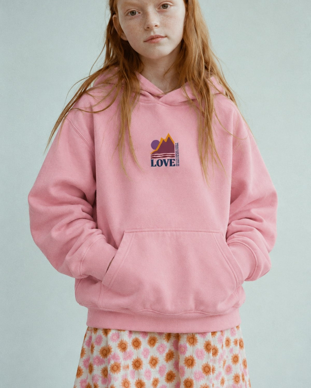 Kız Çocuk Oversize Hoodie Love Mount Baskılı Pembe – Kapüşonlu, Cepli, 3 İplik Polar