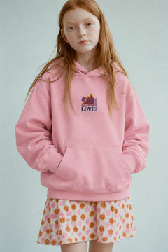 Kız Çocuk Oversize Hoodie Love Mount Baskılı Pembe – Kapüşonlu, Cepli, 3 İplik Polar