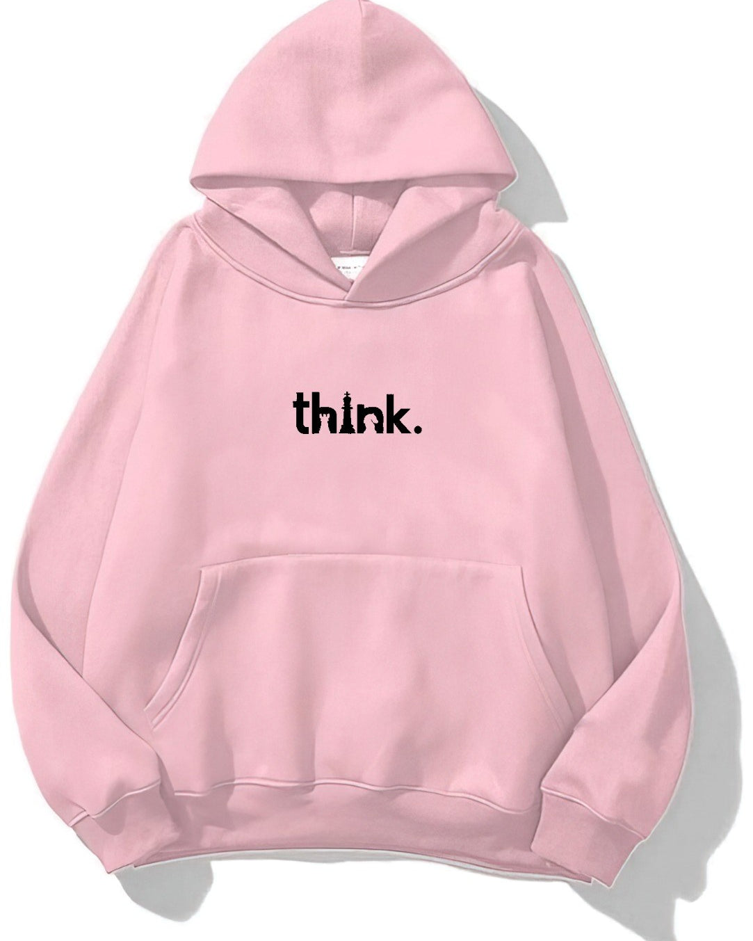 Kapüşonlu İçi Polar Satranç Think Baskılı Pembe Unisex Oversize Hoodie Sweatshirt