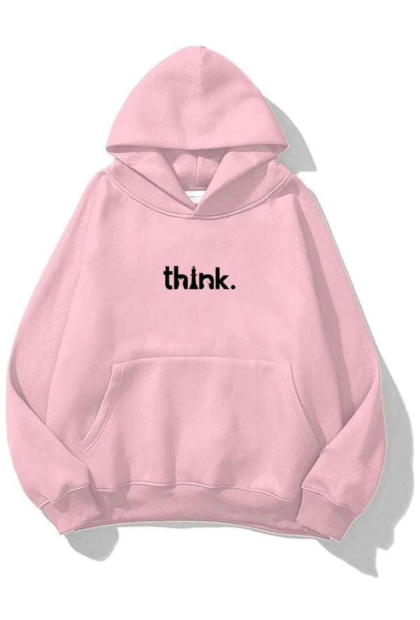 Kapüşonlu İçi Polar Satranç Think Baskılı Pembe Unisex Oversize Hoodie Sweatshirt