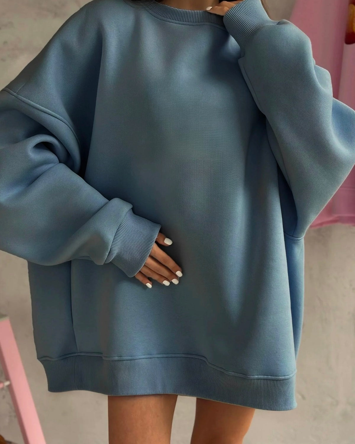 Kadın Oversize Sweatshirt Elbise Basic Marine – Bisiklet Yaka, 3 İplik Şardonlu Polar