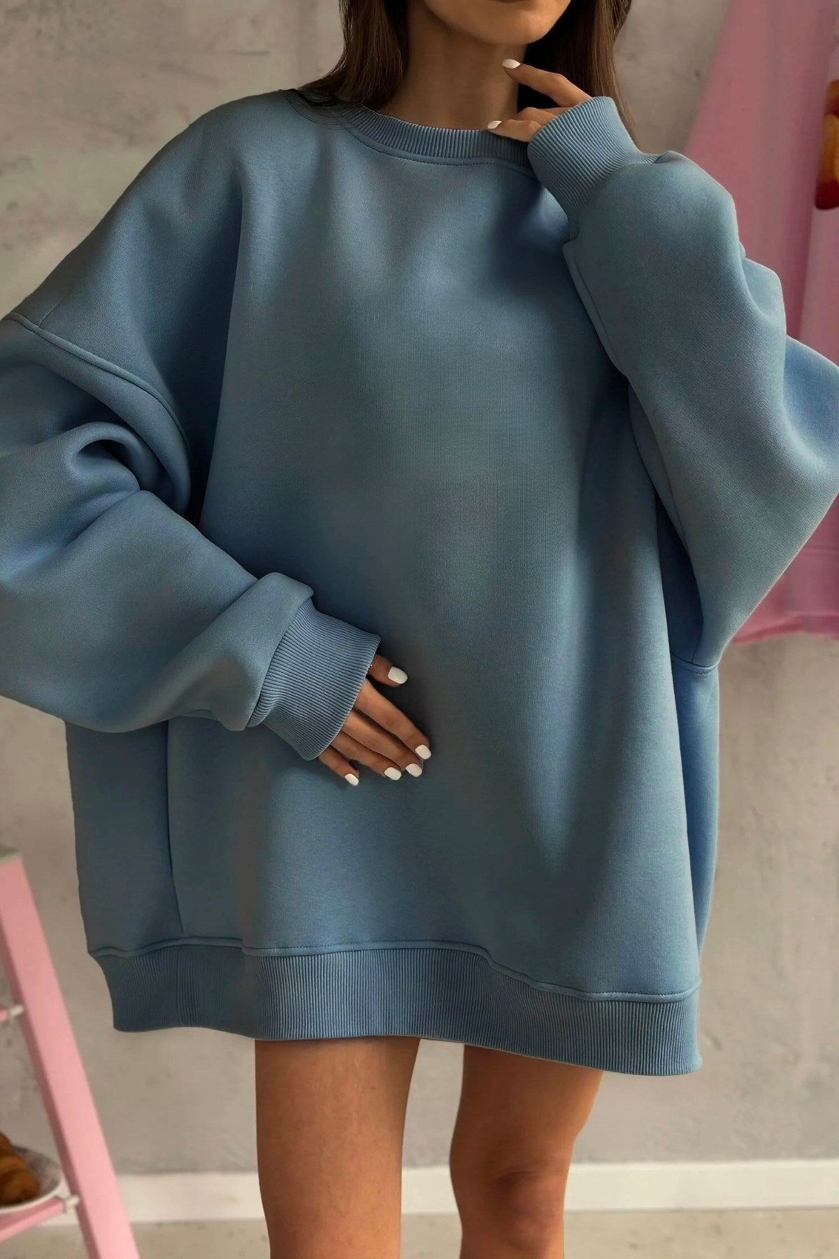Kadın Oversize Sweatshirt Elbise Basic Marine – Bisiklet Yaka, 3 İplik Şardonlu Polar
