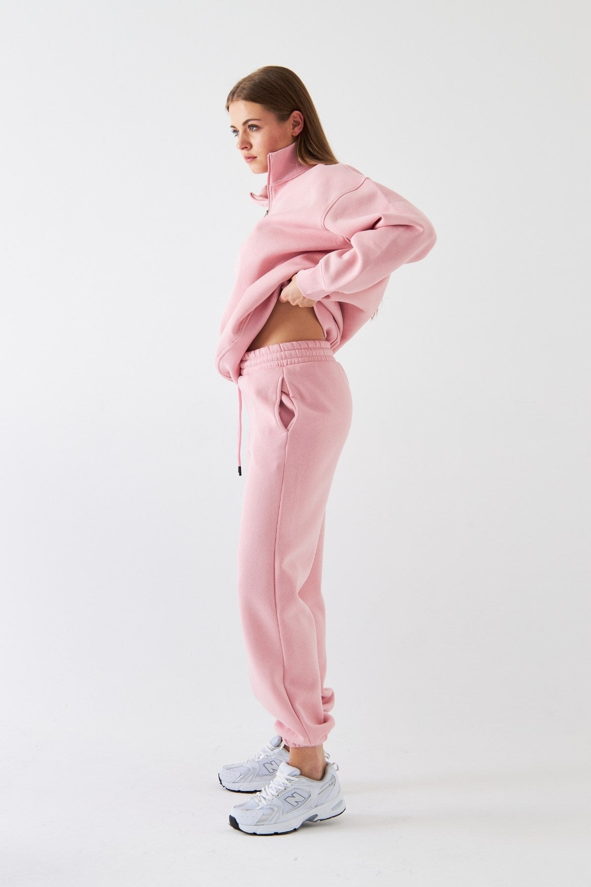 Unisex Oversize Eşofman Takımı Basic Pembe – Fermuarlı Dik Yaka, Lastikli Paça, 3 İplik Polar